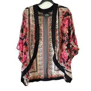 Angie Boho Floral Mixed Print Flowy Open Front Kimono Blouse Top Size L